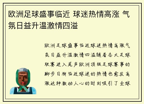 欧洲足球盛事临近 球迷热情高涨 气氛日益升温激情四溢