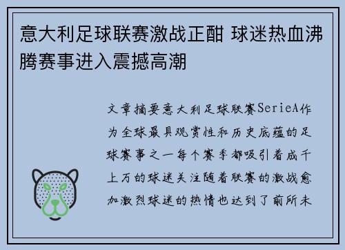 意大利足球联赛激战正酣 球迷热血沸腾赛事进入震撼高潮