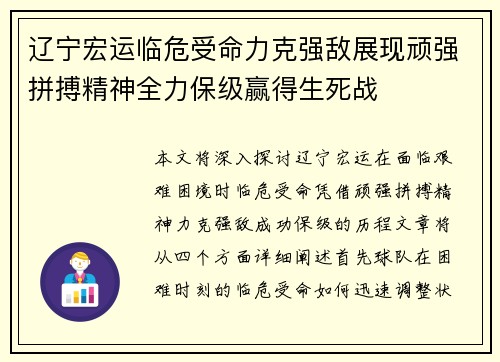 辽宁宏运临危受命力克强敌展现顽强拼搏精神全力保级赢得生死战