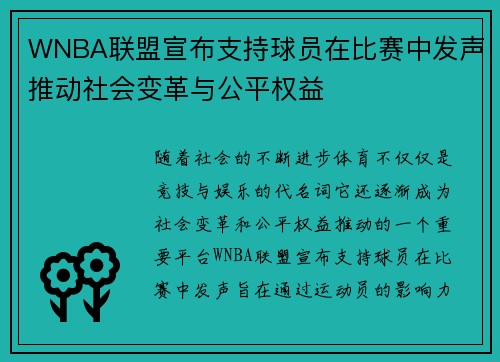 WNBA联盟宣布支持球员在比赛中发声推动社会变革与公平权益