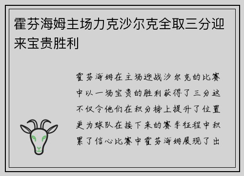 霍芬海姆主场力克沙尔克全取三分迎来宝贵胜利