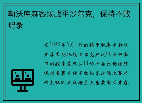 勒沃库森客场战平沙尔克，保持不败纪录